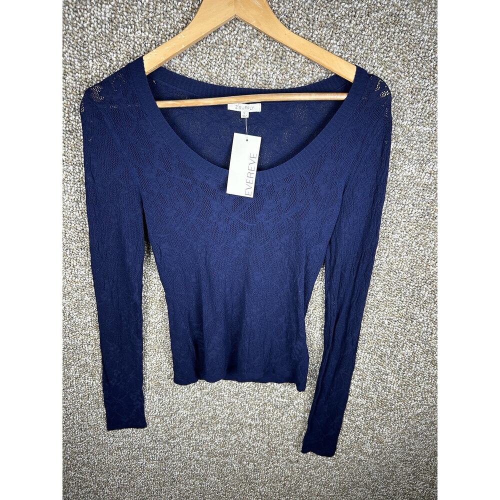 Z Supply Shirt Womens Small Dark Blue Lace Sheer Long Sleeve Stretchy Tibi Scoop